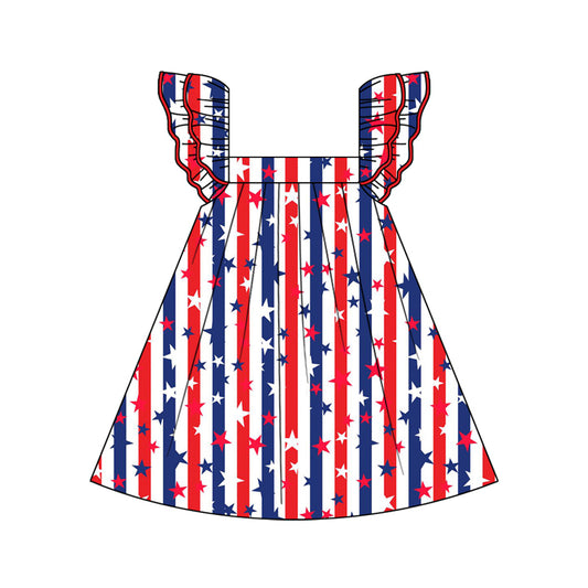 preorder GSD2031 July 4th star red blue striped flutter sleeve girls dress