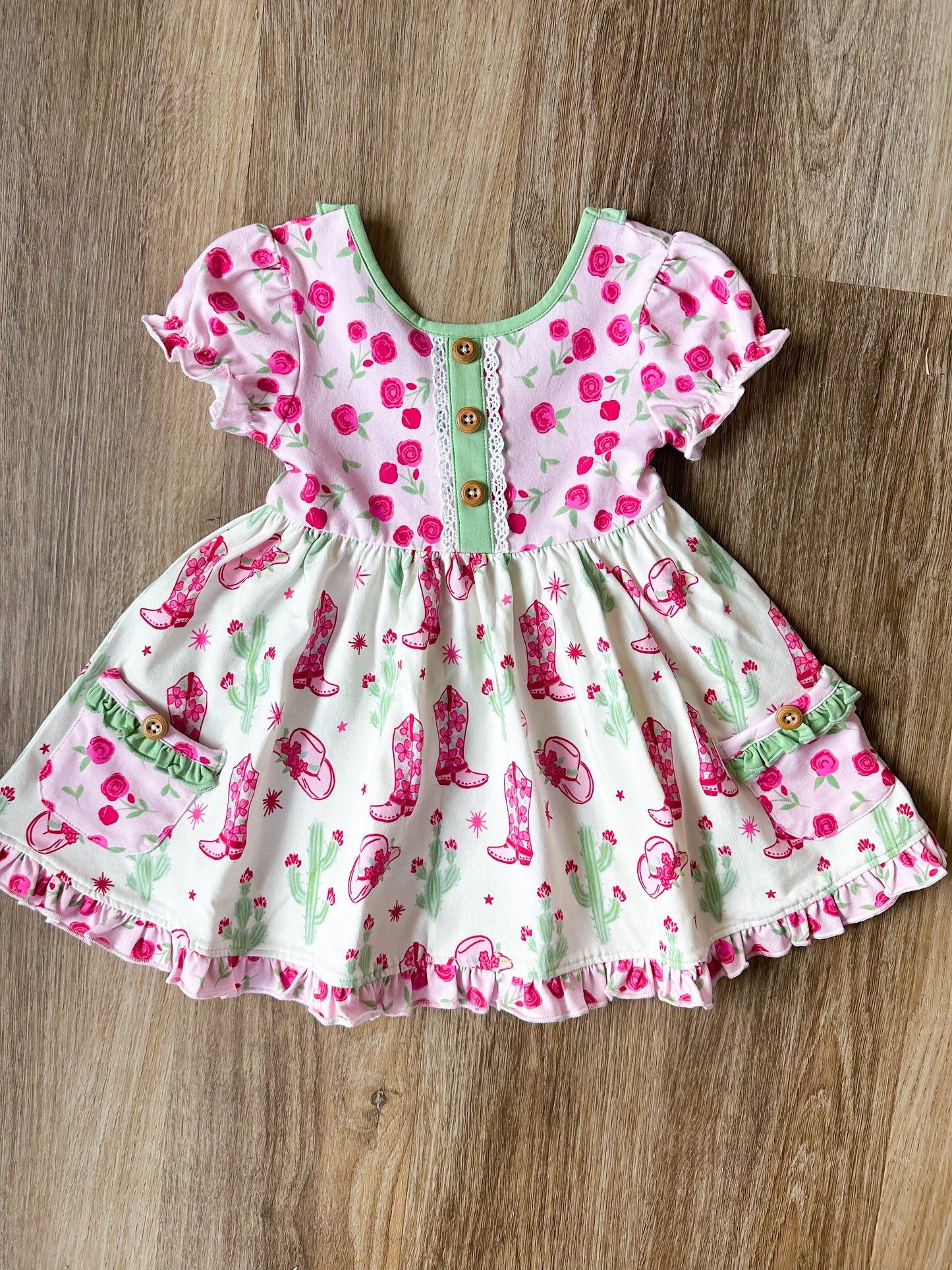 preorder GSD2038 Western boot pink flowers short sleeve girls dress