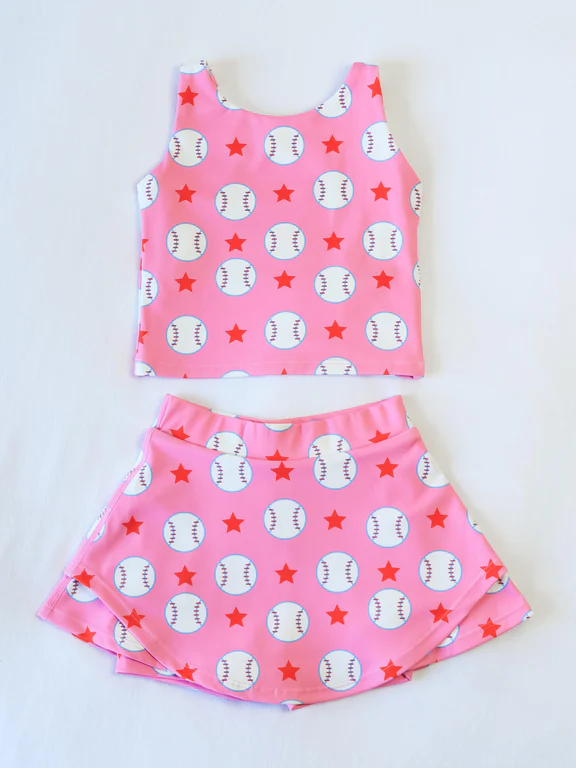 preorder GSD2041 yoga cute baseball pink sleeveless skirt with shorts girls set