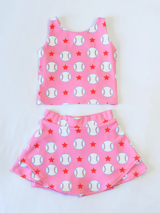 preorder GSD2041 yoga cute baseball pink sleeveless skirt with shorts girls set