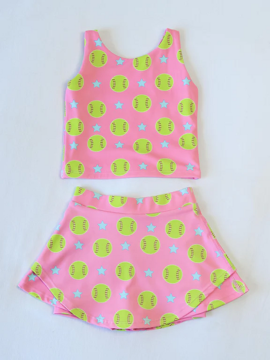 preorder GSD2042 yoga cute yellow baseball pink sleeveless skirt with shorts girls set