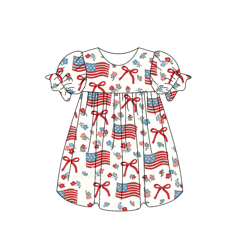 preorder GSD2052 July 4th flag bows flowers red short sleeve girls dress