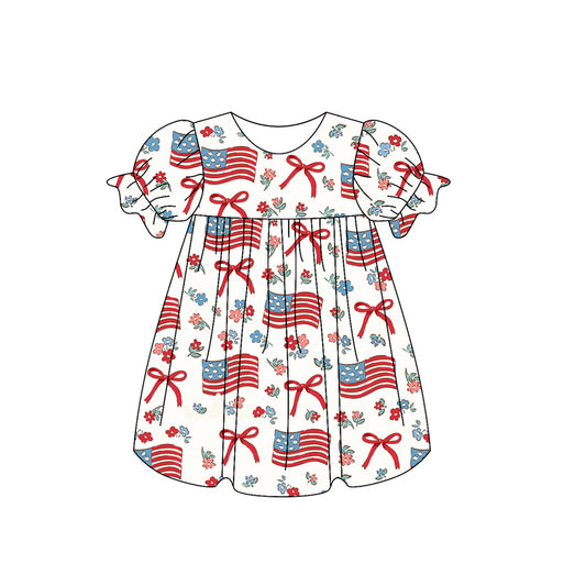preorder GSD2052 July 4th flag bows flowers red short sleeve girls dress