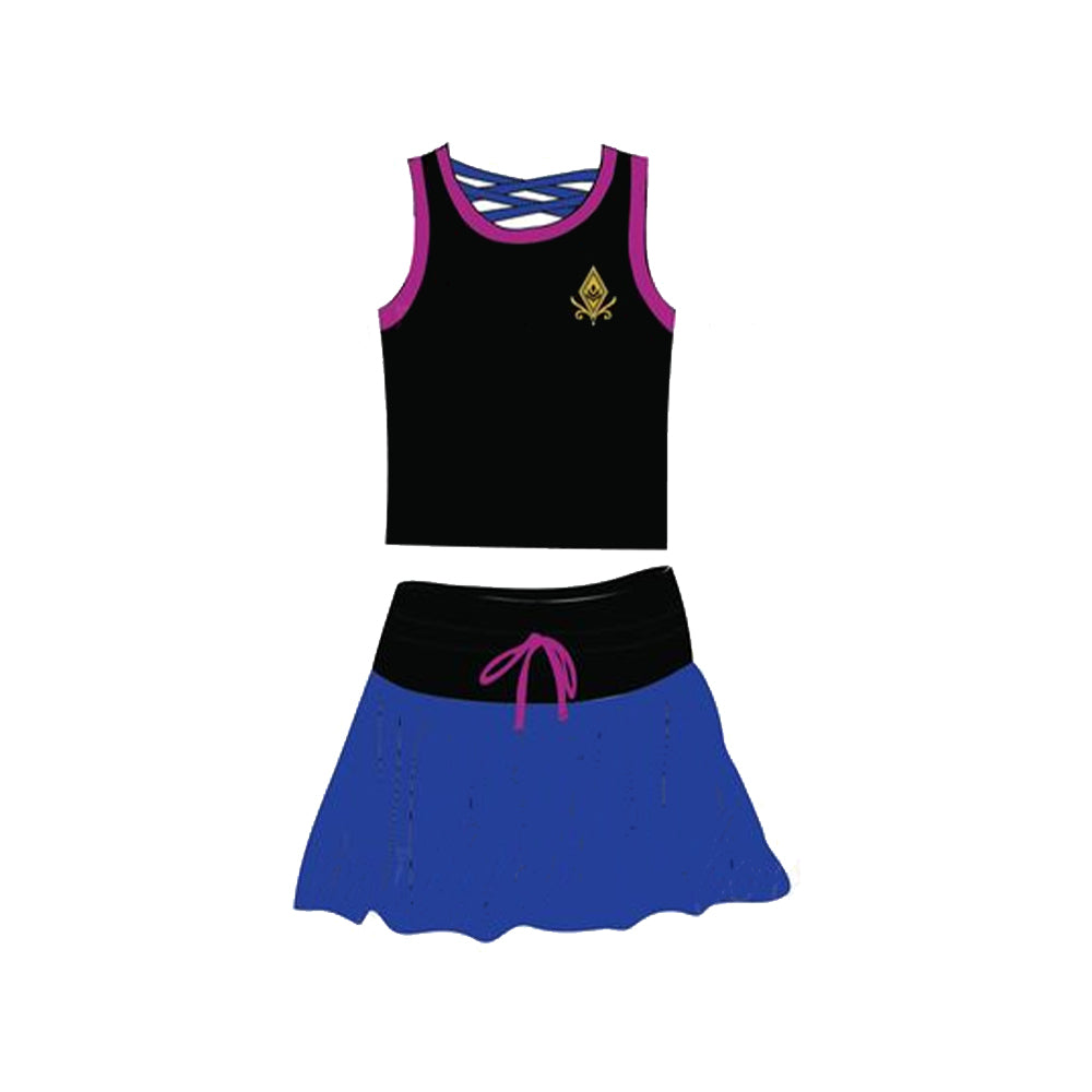 preorder GSD2075 cartoon princess black sleeveless blue skirt girls set