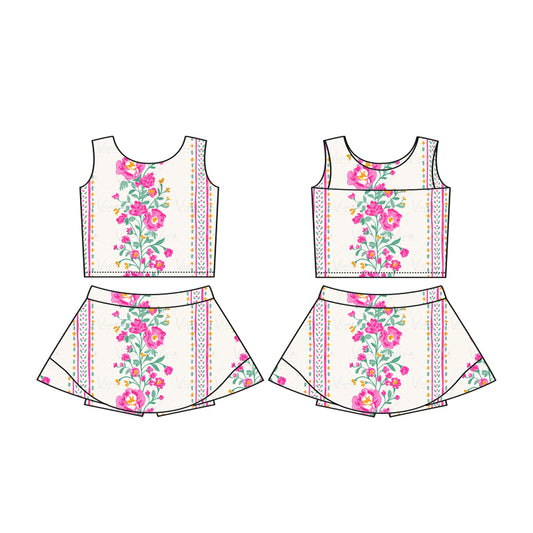 preorder GSD2084 yoga hot pink flowers sleeveless skirt with shorts girls set