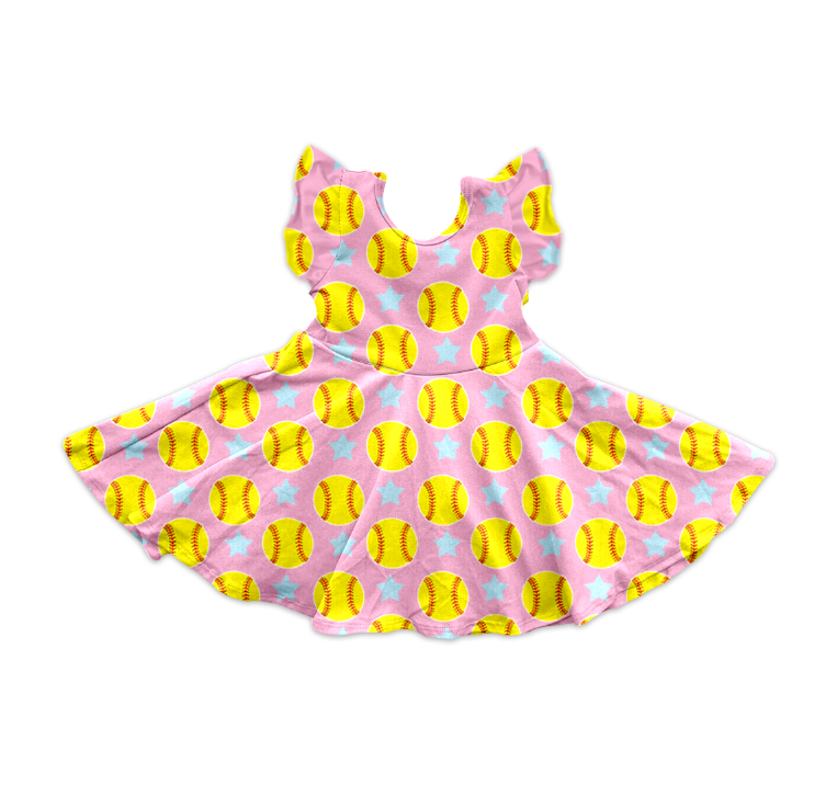preorder GSD2133 baseball star yellow flutter sleeve girls dress
