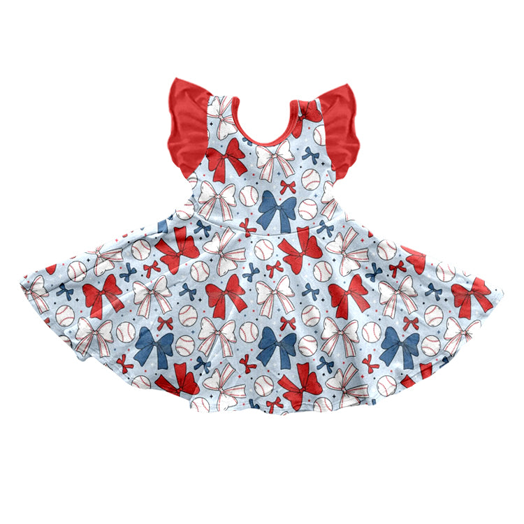 preorder GSD2149 July 4th red blue bows flutter sleeve girls dress