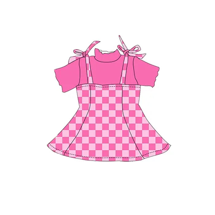 preorder GSD2180 hot pink short sleeve hot pink checkered dress girls set
