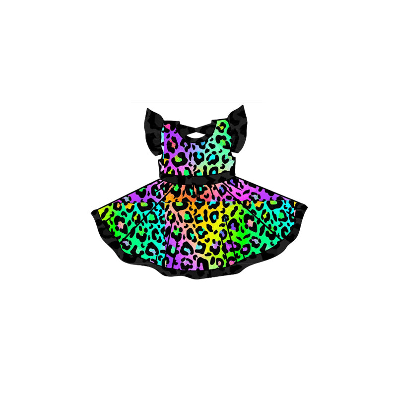 preorder GSD2183 colorful leopard purple green leoaprd flutter sleeve girls dress