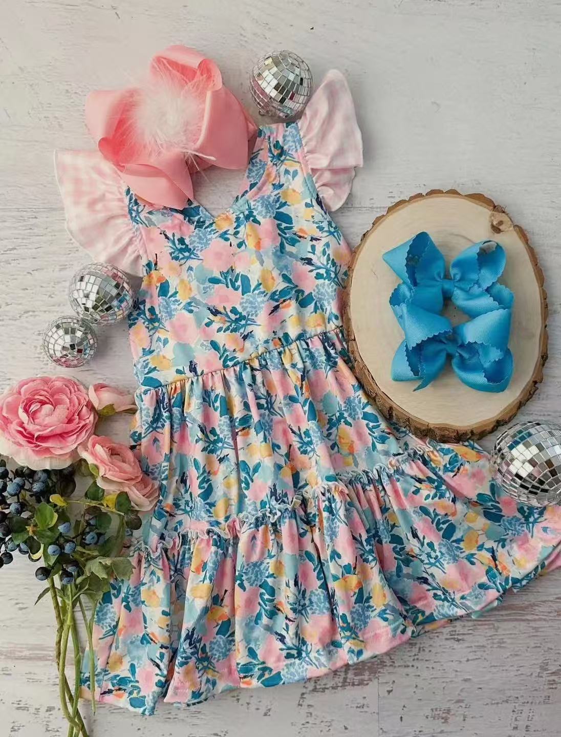 preorder GSD2188 colorful flowers blue flutter sleeve girls dress