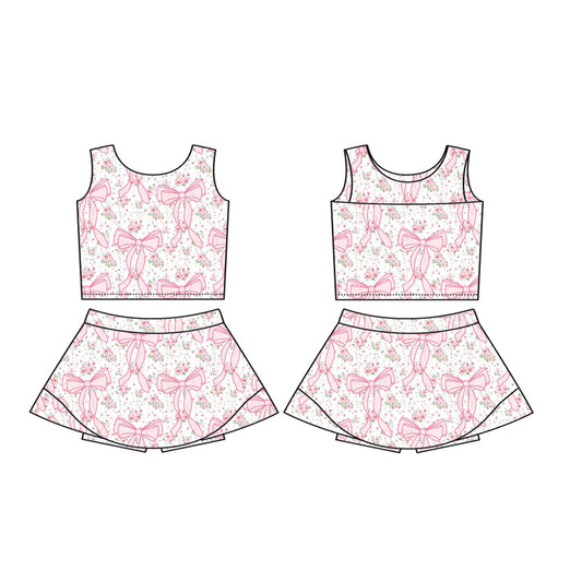 preorder GSD2197 yoga pink bows coquette bows flowers sleeveless skirt with shorts girls set