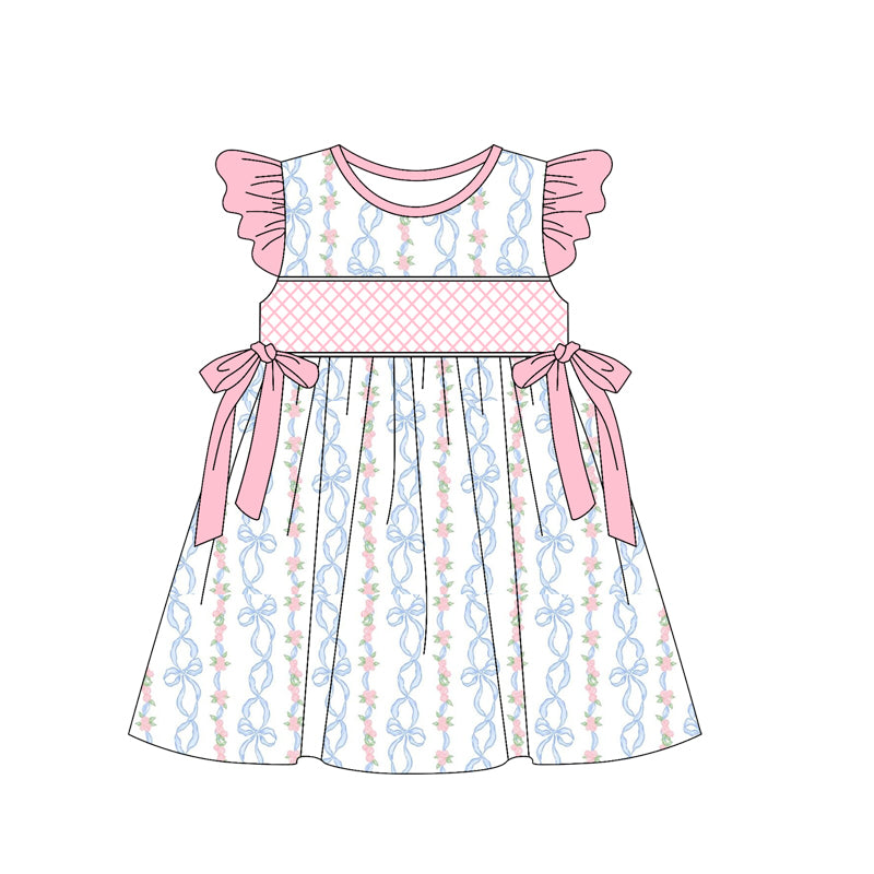 preorder GSD2228 flowers blue bows with bows pink flutter sleeve girls dress