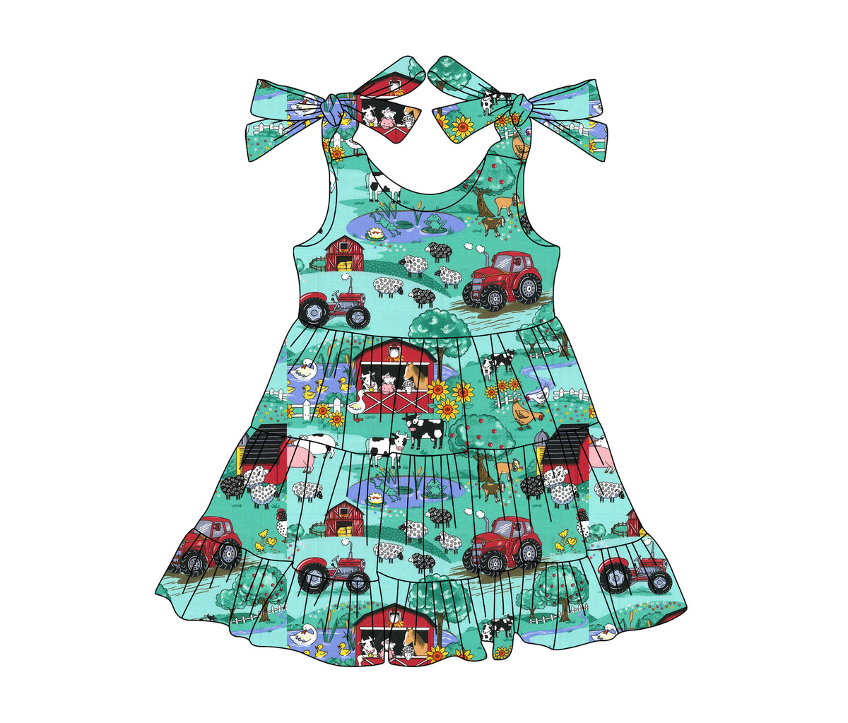 preorder GSD2234 farm house animals sunflowers green girls dress