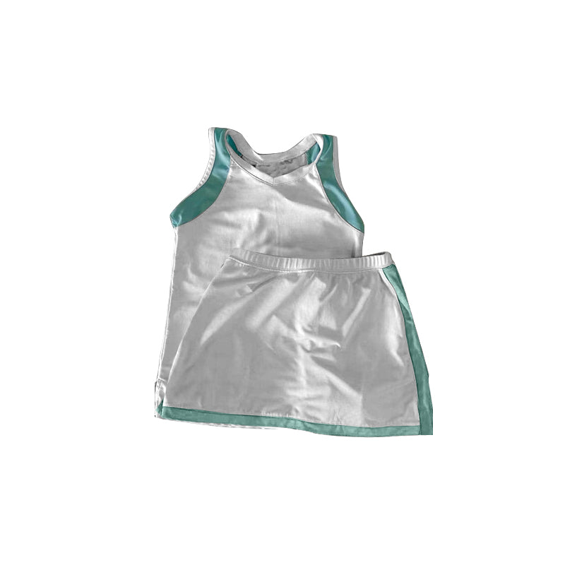 preorder GSD2240 green & white sleeveless skirt girls set yoga