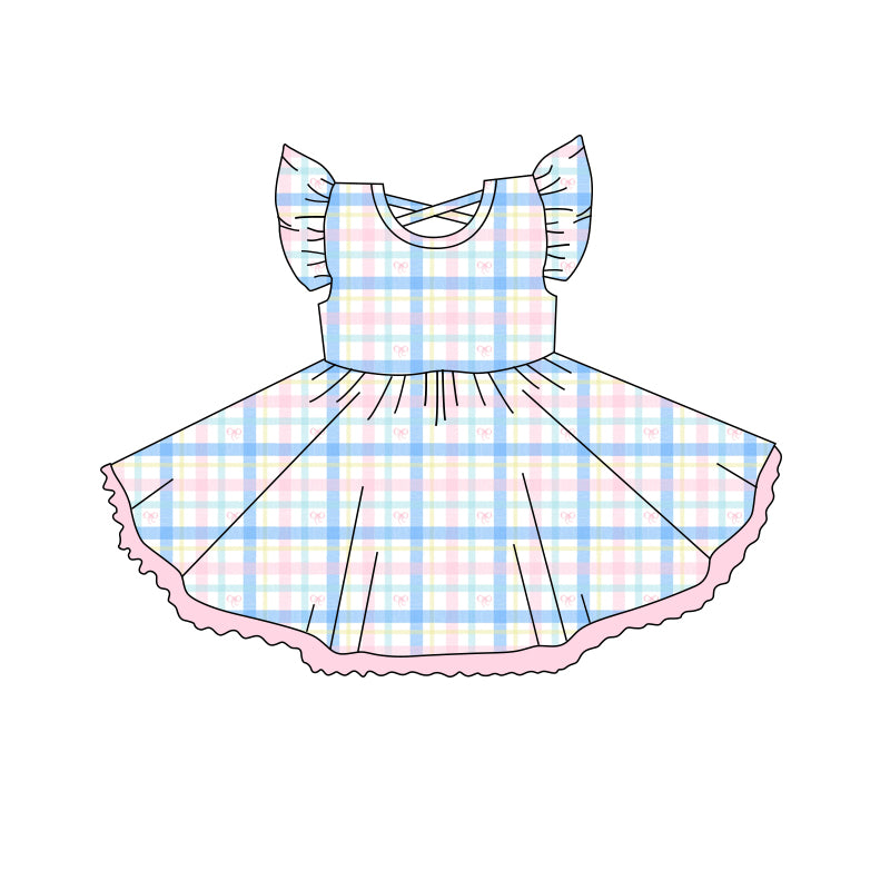 preorder GSD2252 blue pink checkered flutter sleeve girls dress