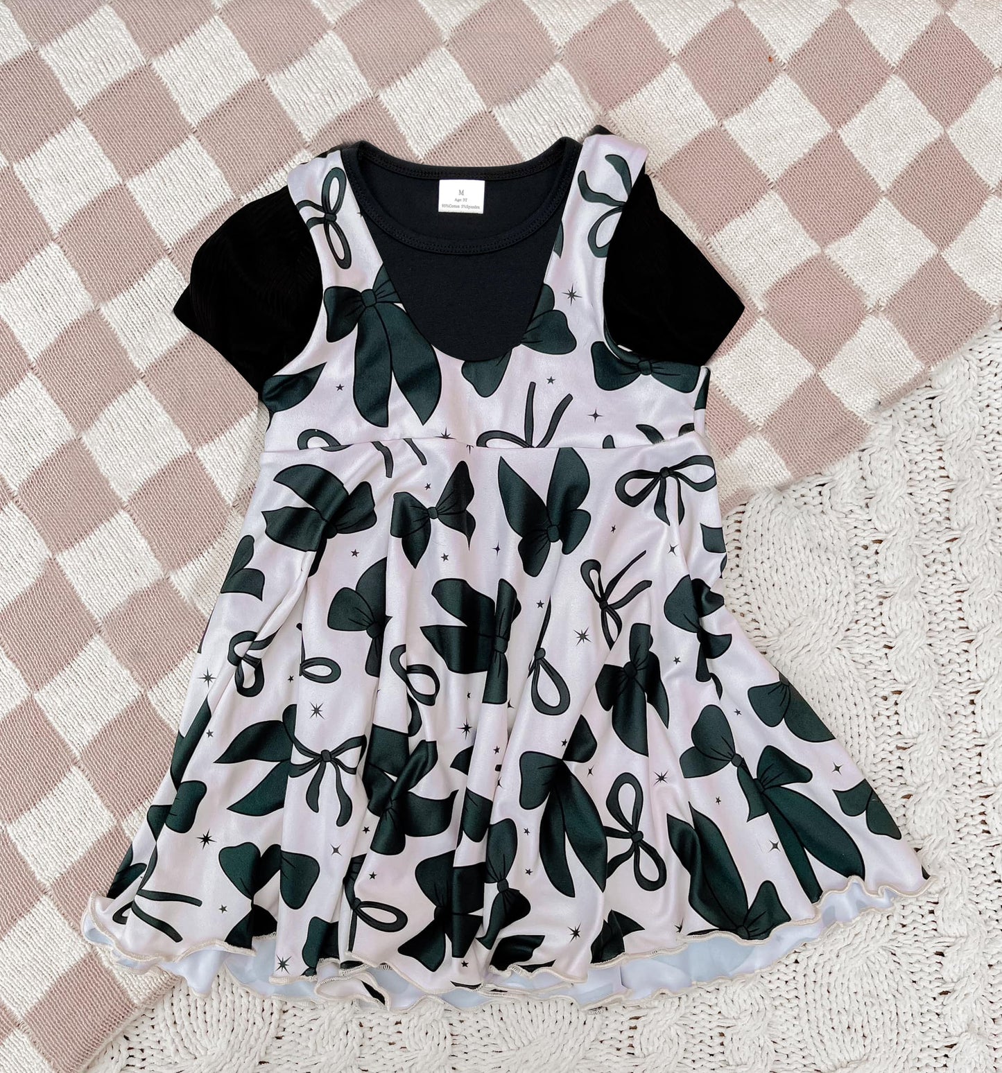 preorder GSD2272 black short sleeve dark green bows coquette bows dress 2pcs girls set