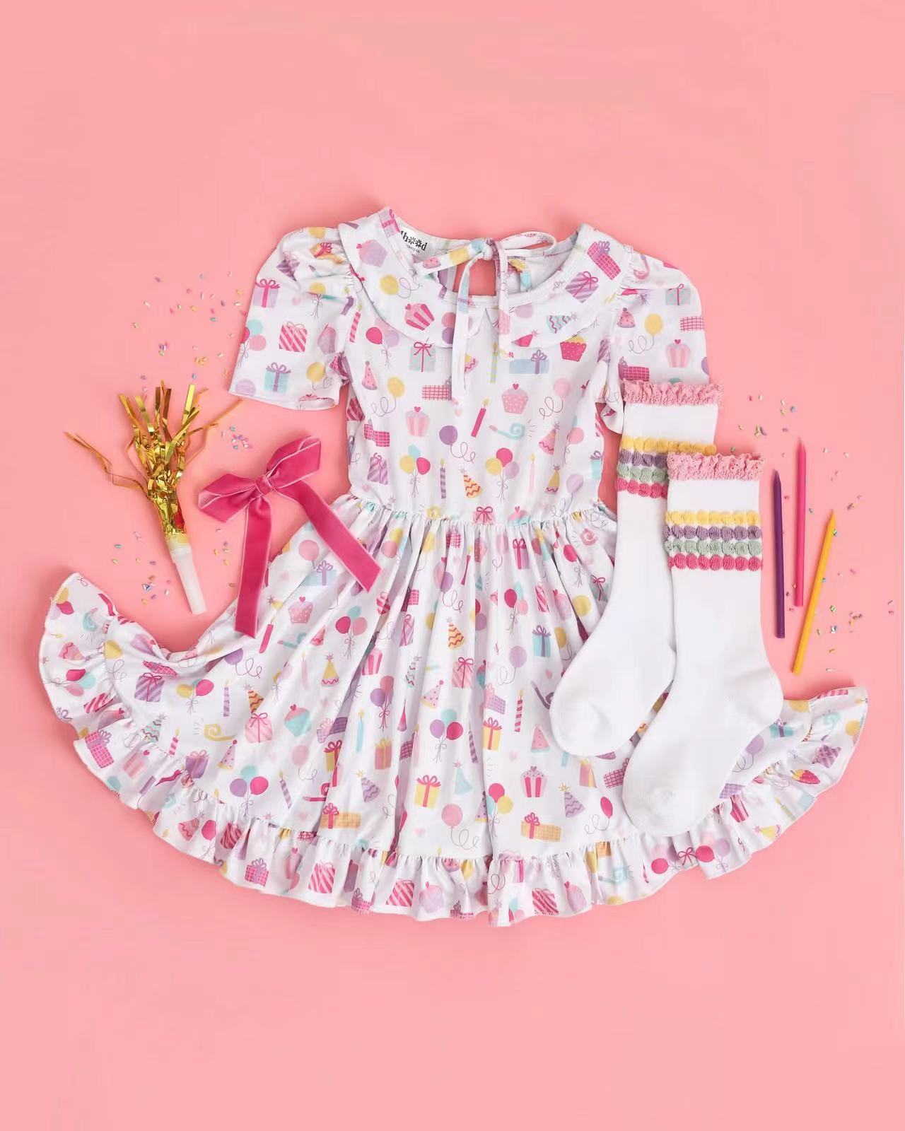 preorder GSD2325 happy birthday balloon cake short sleeve girls dress