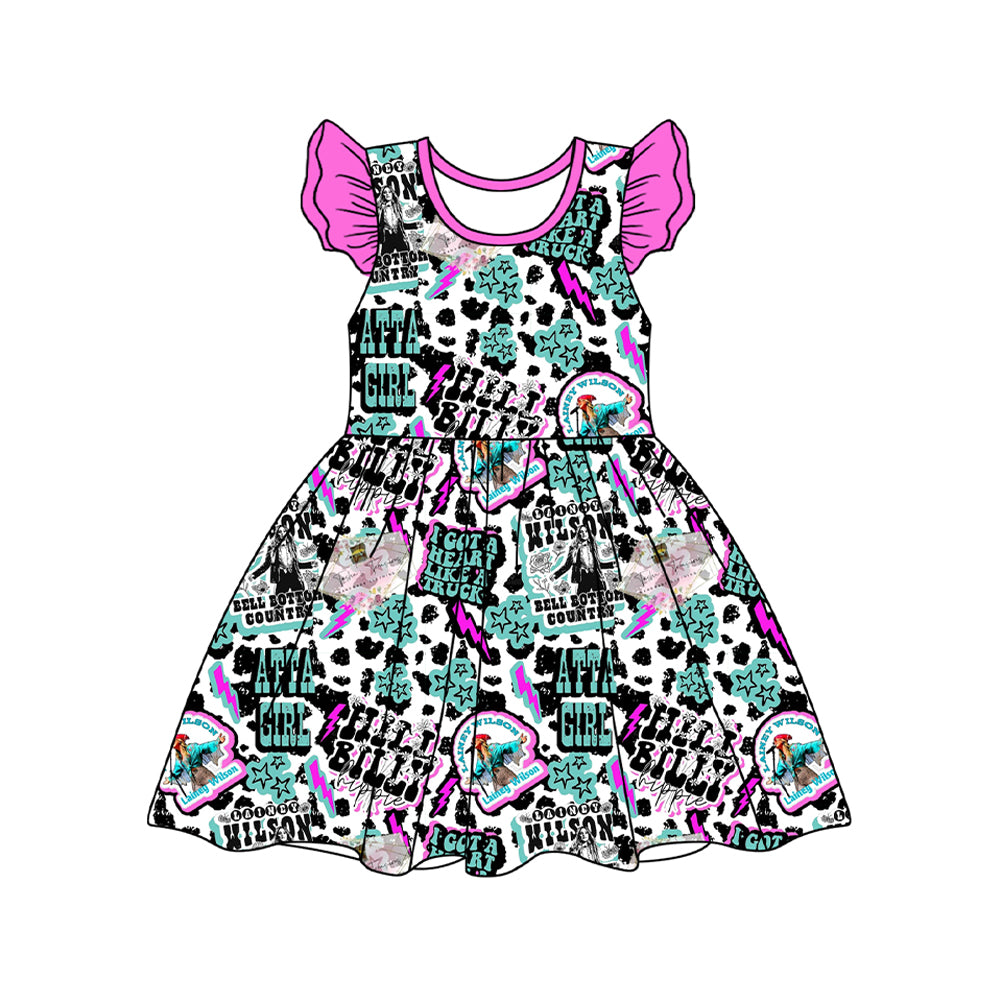 preorder GSD2355 Western cowgirl atta girl star cow print flutter sleeve girls dress