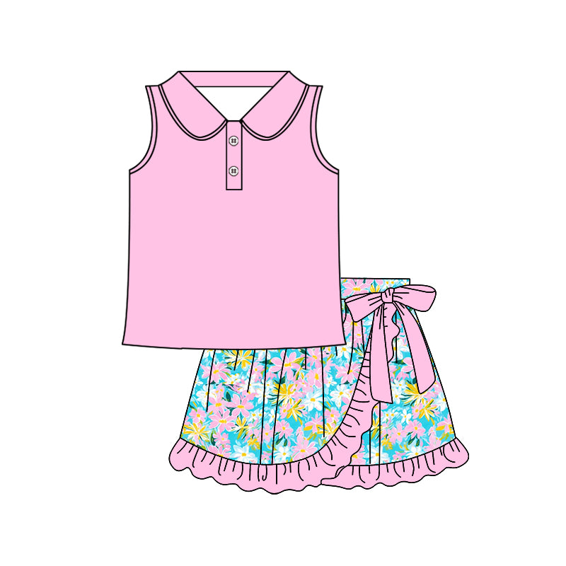 preorder GSD2362 pink sleeveless colorful flowers bow skirt girls set