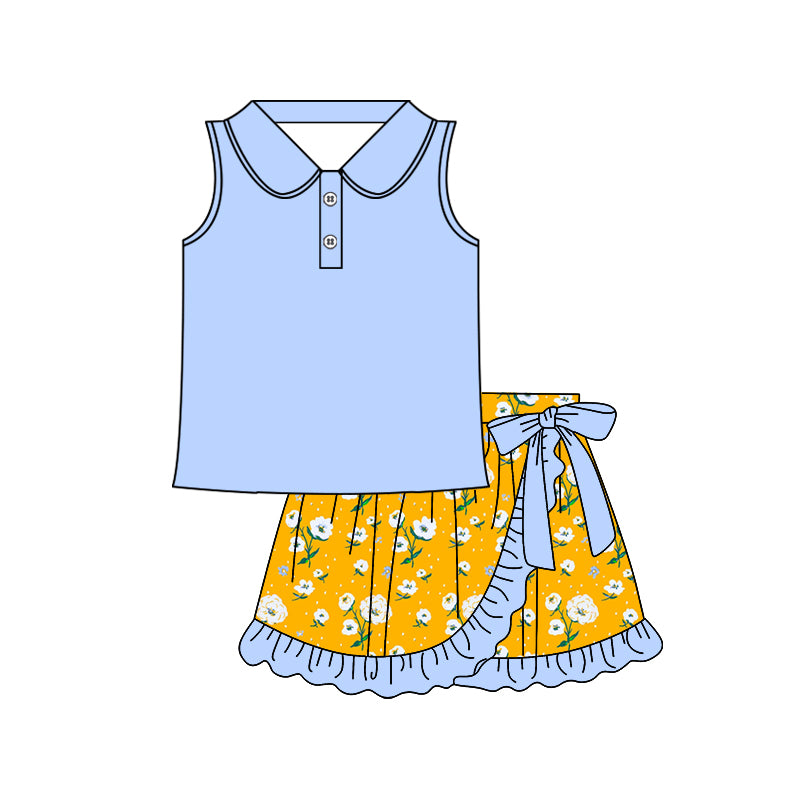preorder GSD2366 blue sleevless flowers yellow bows skirt girls set
