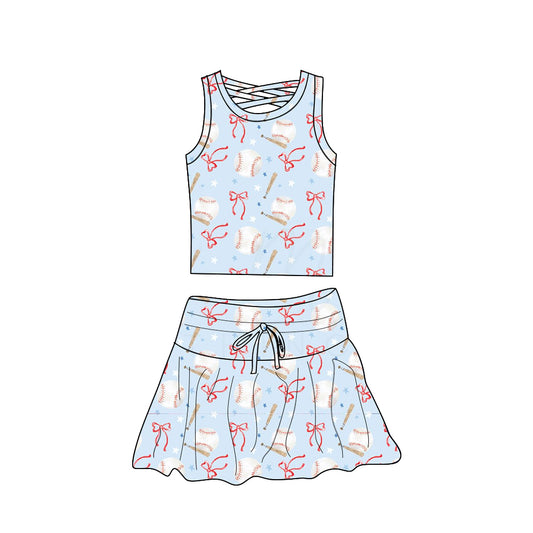 preorder GSD2402 yoga baseball bows sleeveless skirt with shorts girls set