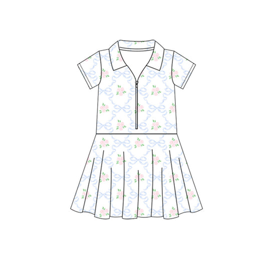 preorder GSD2412 yoga pink flowers blue bows short sleeve skirt with shorts girls set