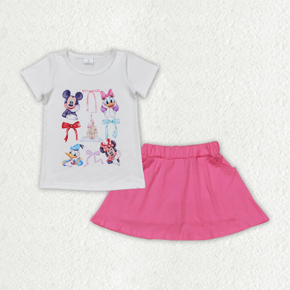 GSD2444 cartoon M pink bow short sleeve pink skirt with shorts girls set