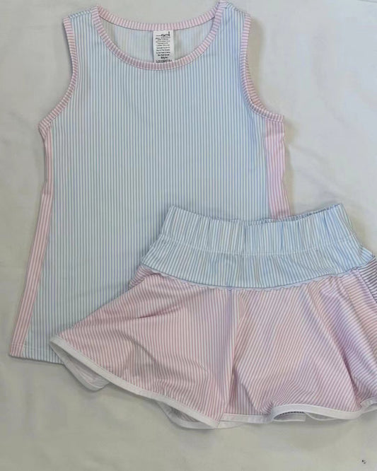 preorder GSD2470 yoga blue striped sleeveelss pink striped skirt with shorts girls set