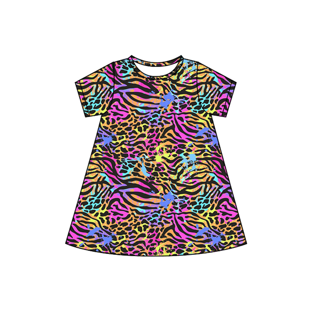 preorder GSD2479 cartoon LI purple leoaprd short sleeve girls dress