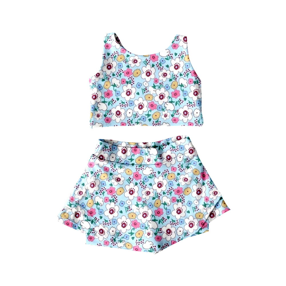 preorder GSSO2481 cute colorful flowers blue sleeveless skirt with shorts girls set