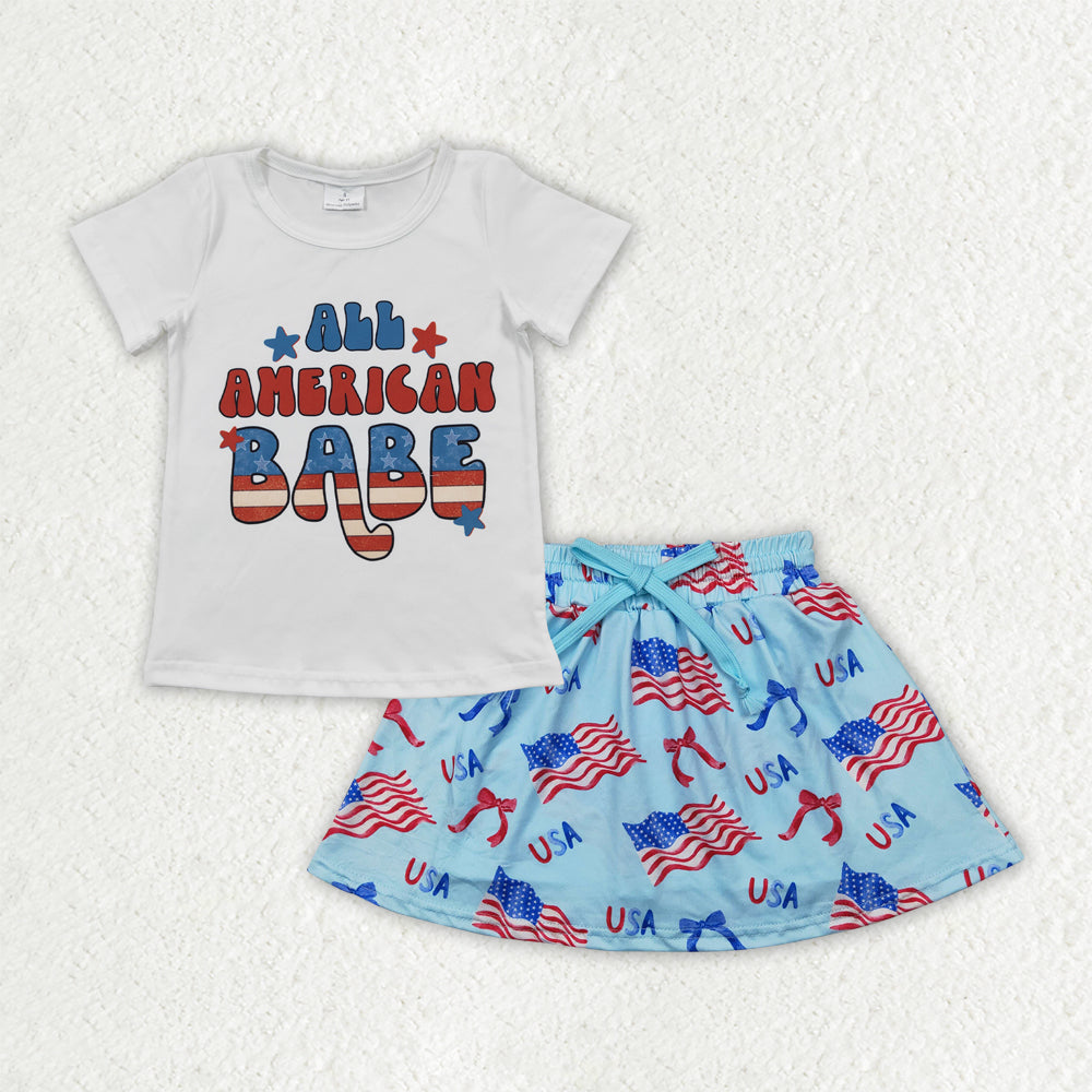 GSD2482 all american babe short sleeve flag bows skirt with shorts girls set