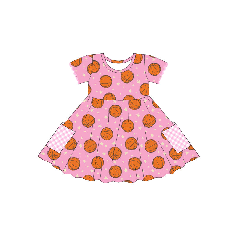 preorder GSD2483 basketball pink star pockets short sleeve girls dress