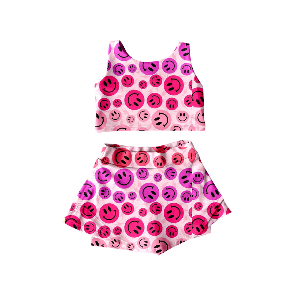 preorder GSD2493 yoga cute smile pink purple sleeveless skirt with shorts girls set