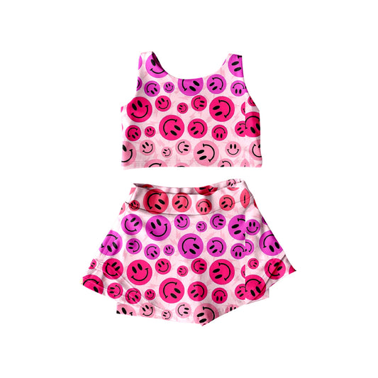 preorder GSD2493 yoga cute smile pink purple sleeveless skirt with shorts girls set