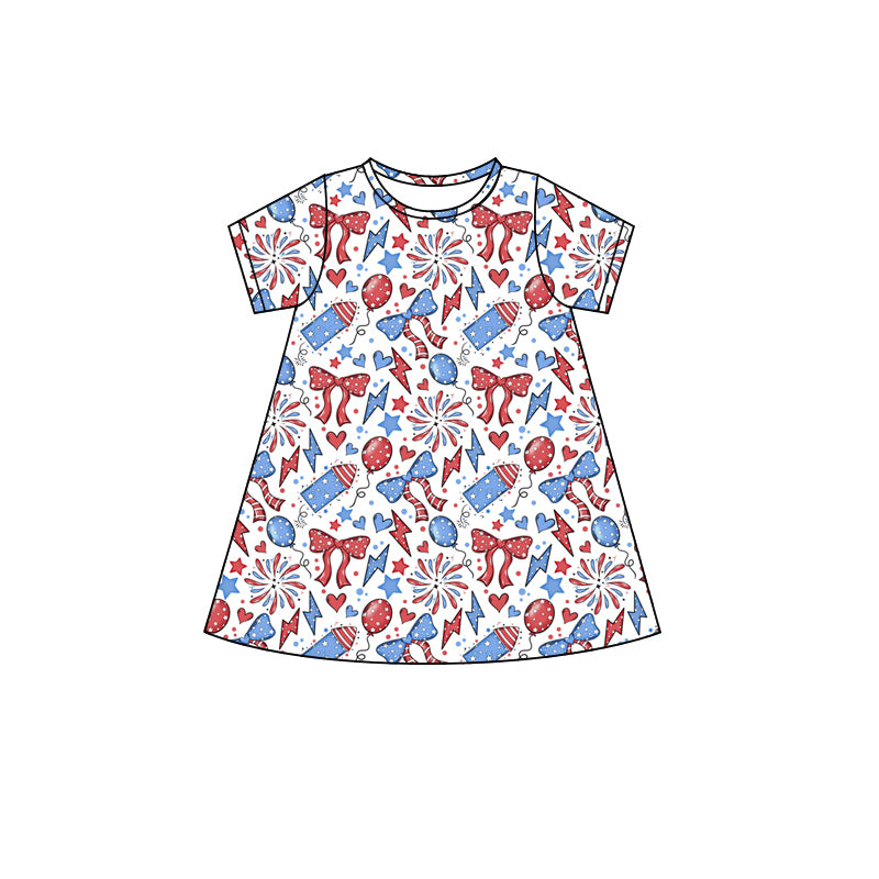 preorder GSD2500 July 4th red blue bows firework short sleeve girls dress