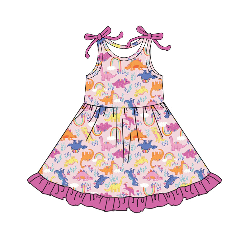 preorder GSD2503 cute cartoon dinosaur rainbows pink sleeveless girls dress