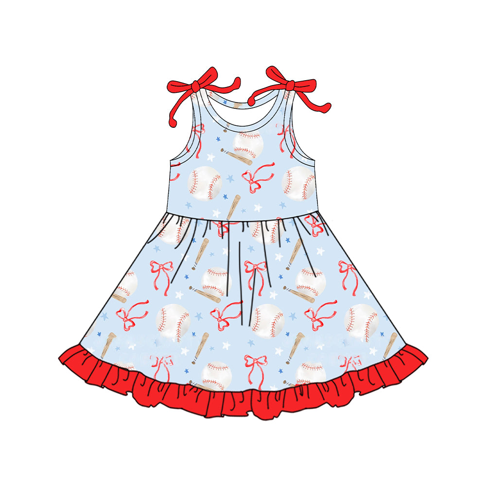 preorder GSD2507 baseball bows blue sleeveless girls dress
