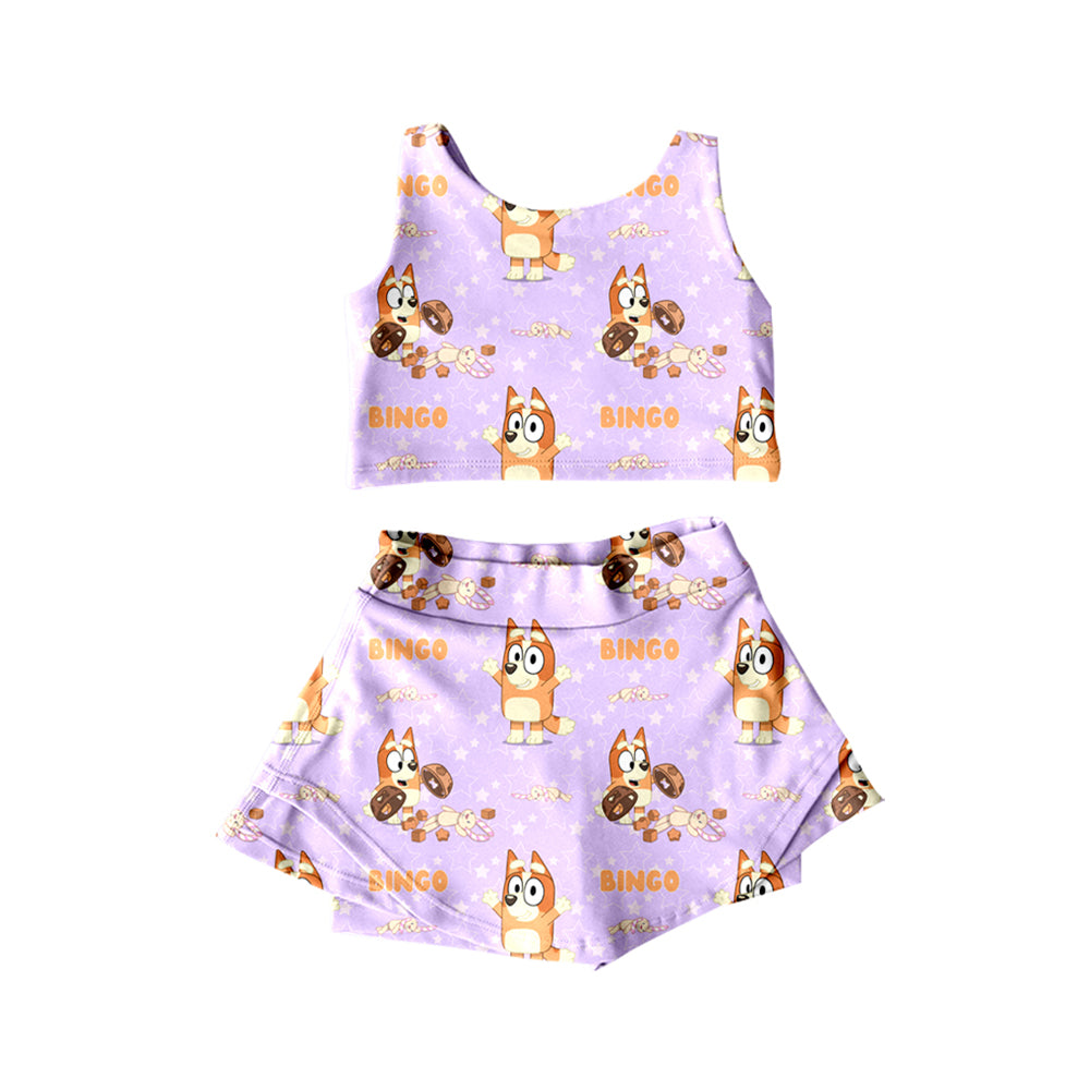 preorder GSD2510 yoga cartoon dog purple sleeveless skirt with shorts girls set