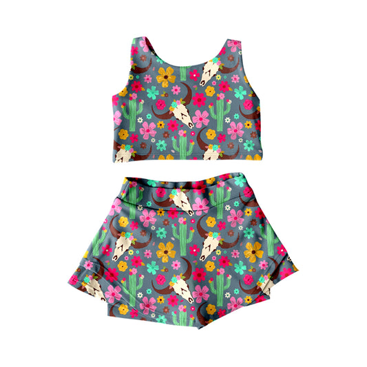 preorder GSD2519 yoga Western cow cactus flowers sleeveless skirt with shorts girls set