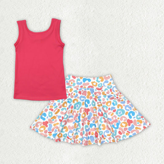GSD2522 yoga red sleeveless colorful leopard skirt with shorts girls set
