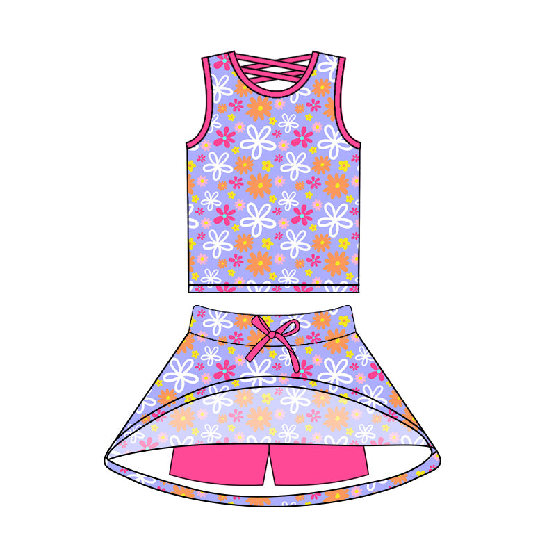 preorder GSD2540 colorful flowers purple sleevelss skirt with shorts girls set