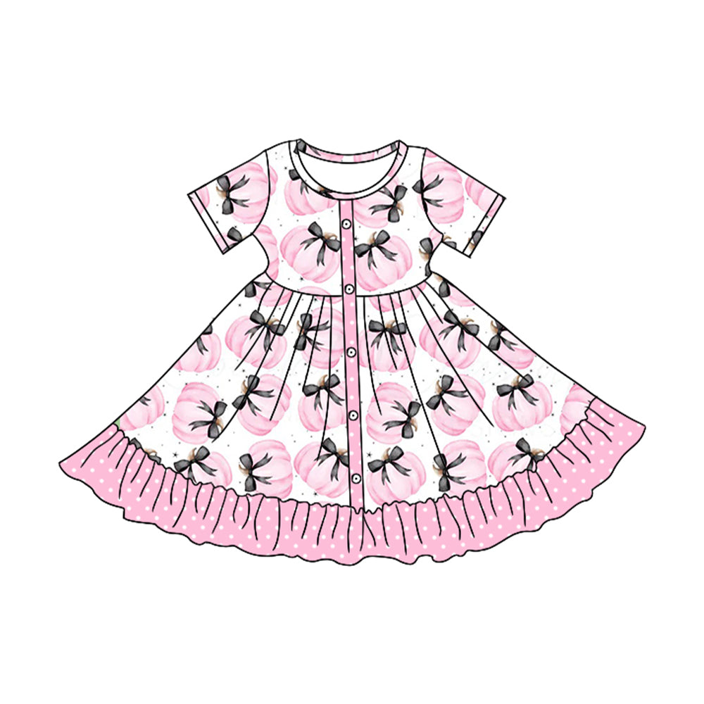 preorder GSD2542 pink pumpkin black bows short sleeve girls dress