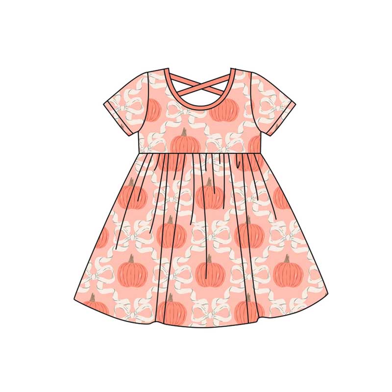 preorder GSD2544 pumpkin bows orange short sleeve girls dress