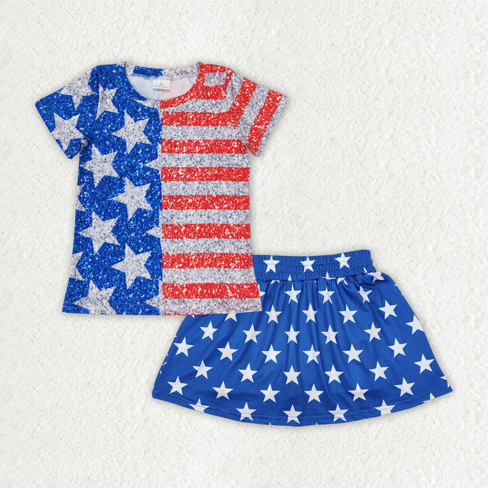 GSD2548 July 4th star striped short sleeve blue star skirt grils set