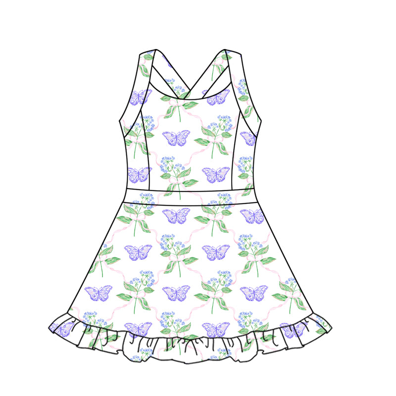 preorder GSD2571 yoga purple flowers butterfly girls dress with shorts