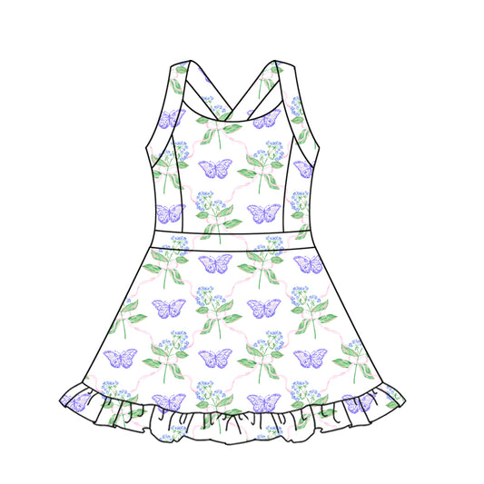 preorder GSD2571 yoga purple flowers butterfly girls dress with shorts