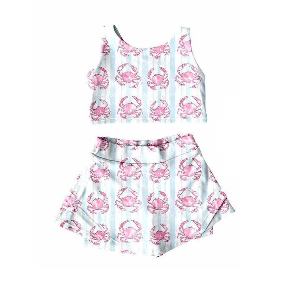 preorder GSD2575 pink crab blue striped sleevelss skirt with shorts girls set