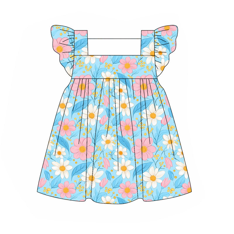 preorder GSD2609 pink flowers white flowers blue flutter sleeve girls dress
