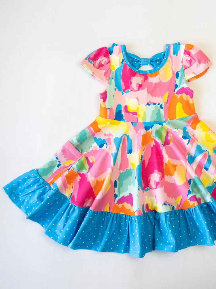 preorder GSD2610 watercolor colorful blue short sleeve girls dress