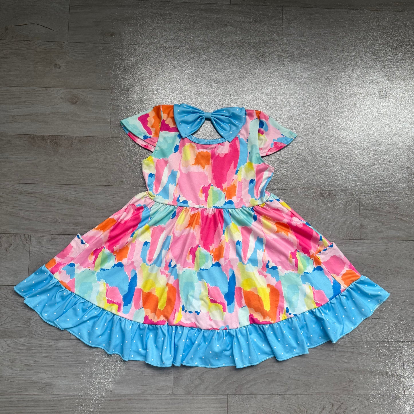 preorder Samples GSD2610 watercolor colorful blue short sleeve girls dress
